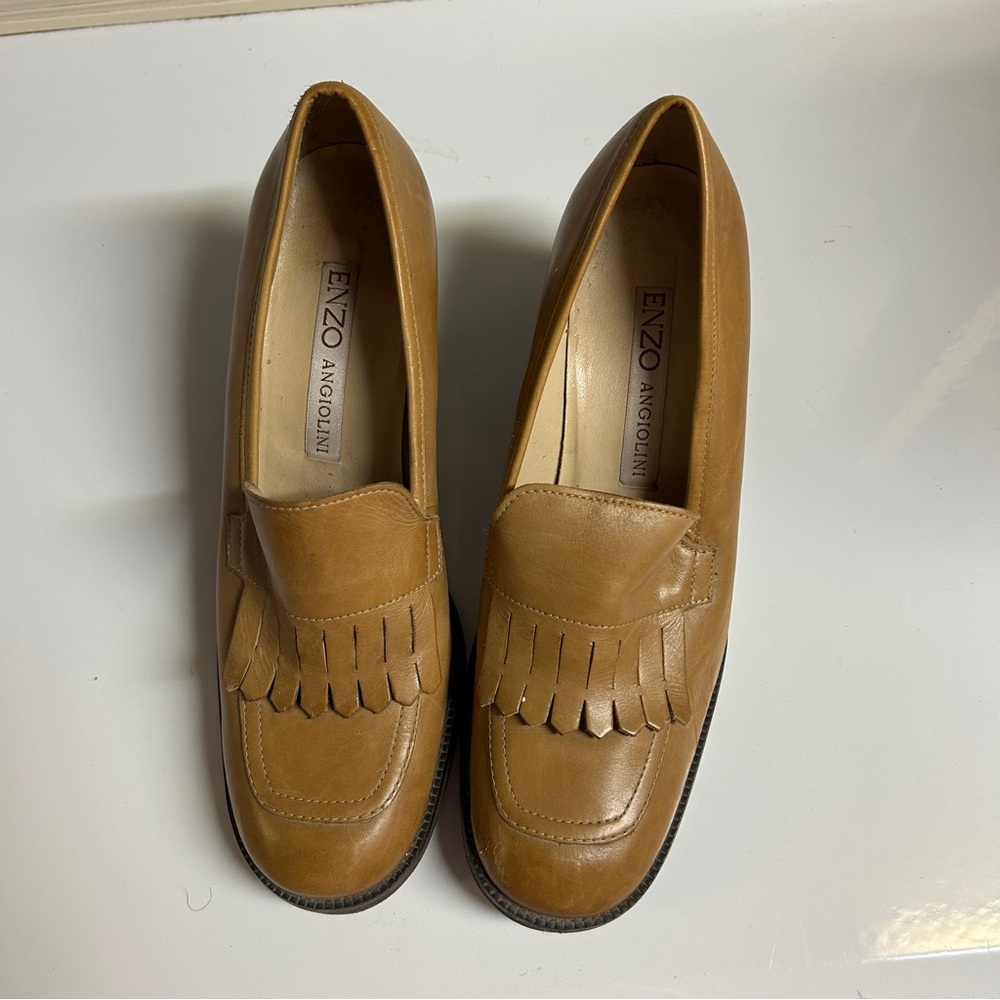 Enzo Angiolini Tan Leather Block Heel Loafers - Picture 3 of 9
